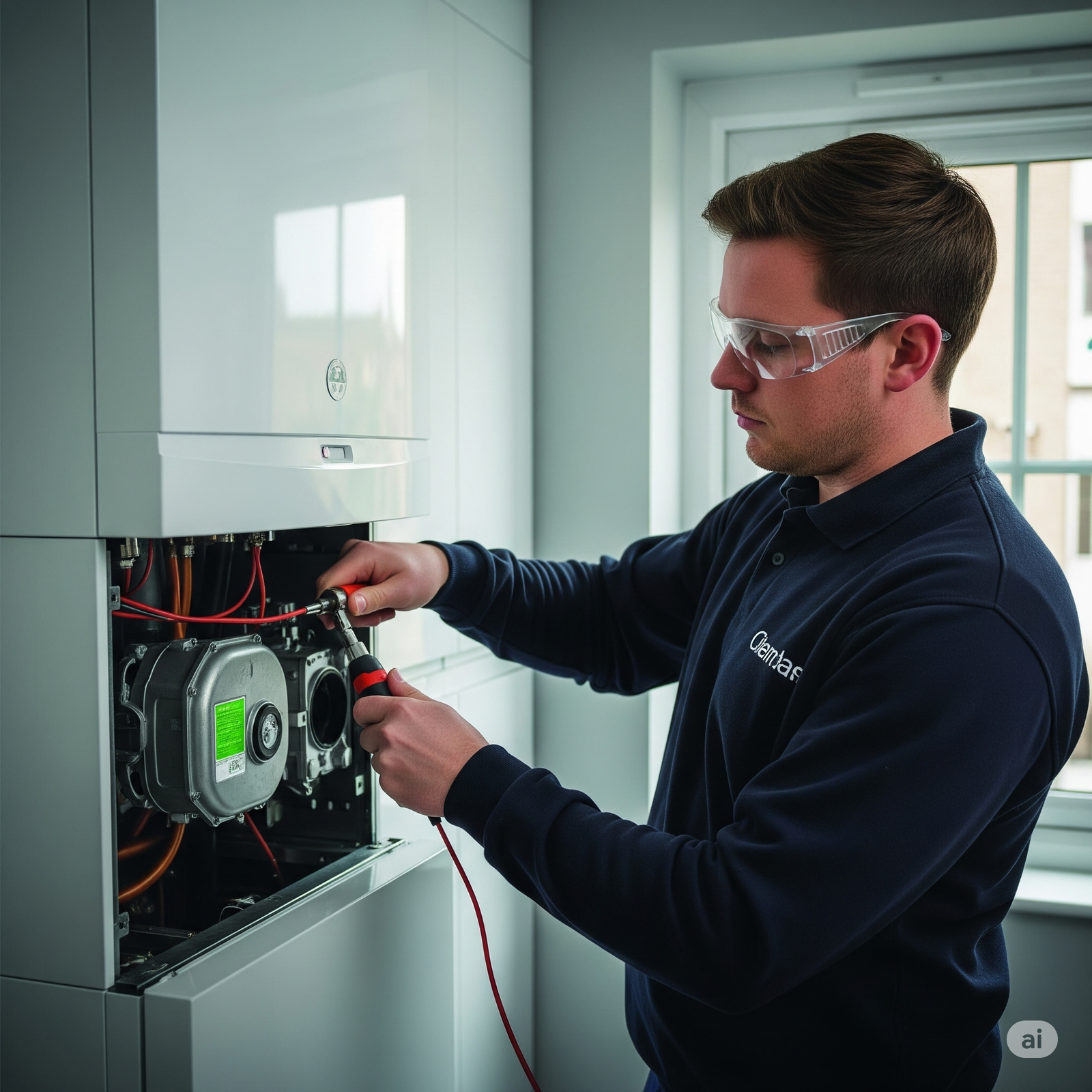 A UK-based technician replacing components within an alternative boiler system in a domestic Newmarket household, emphasizing the use of modern, eco-friendly technologies.