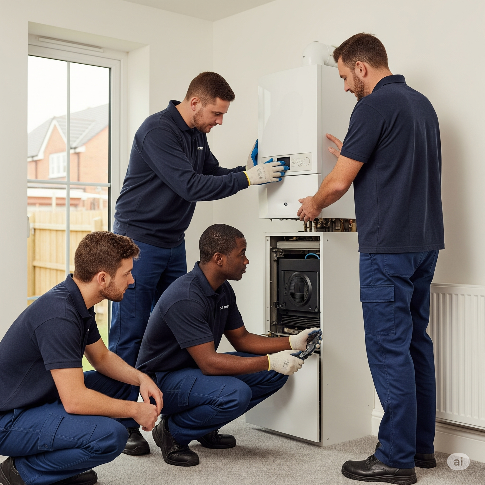 A team of uniformed engineers from an alternative boiler service provider in the Newmarket meticulously inspecting a modern, high-efficiency boiler in a residential home.