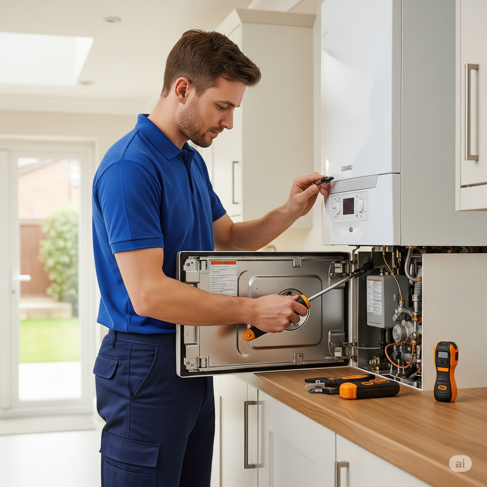 A technician in a crisp, blue uniform diligently servicing a modern gas boiler in a typical Newmarket domestic setting, inspecting components with specialized tools.