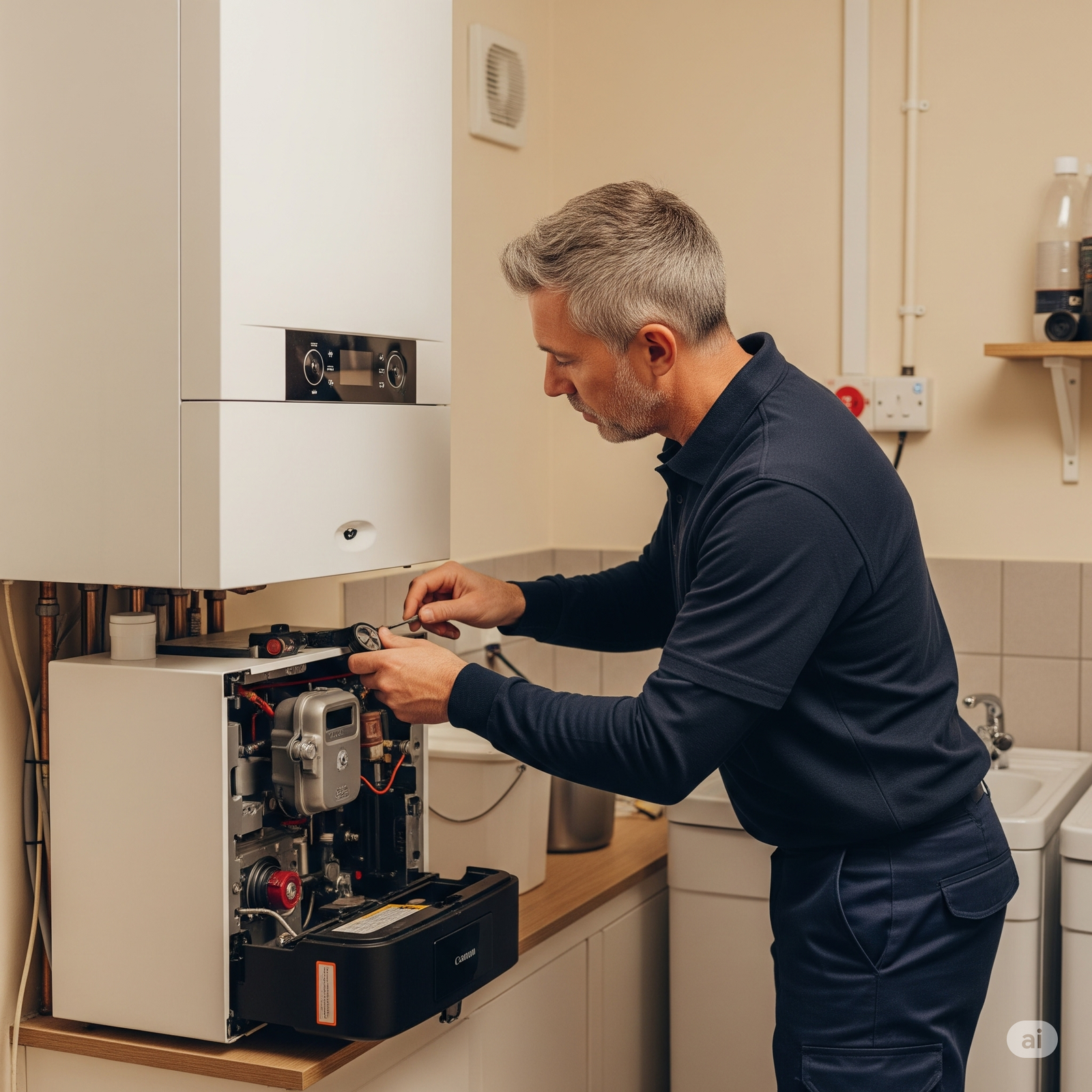 A well-trained engineer carefully checking and maintaining a modern, gas-powered boiler in a clean and organized utility room of a typical Newmarket home.
