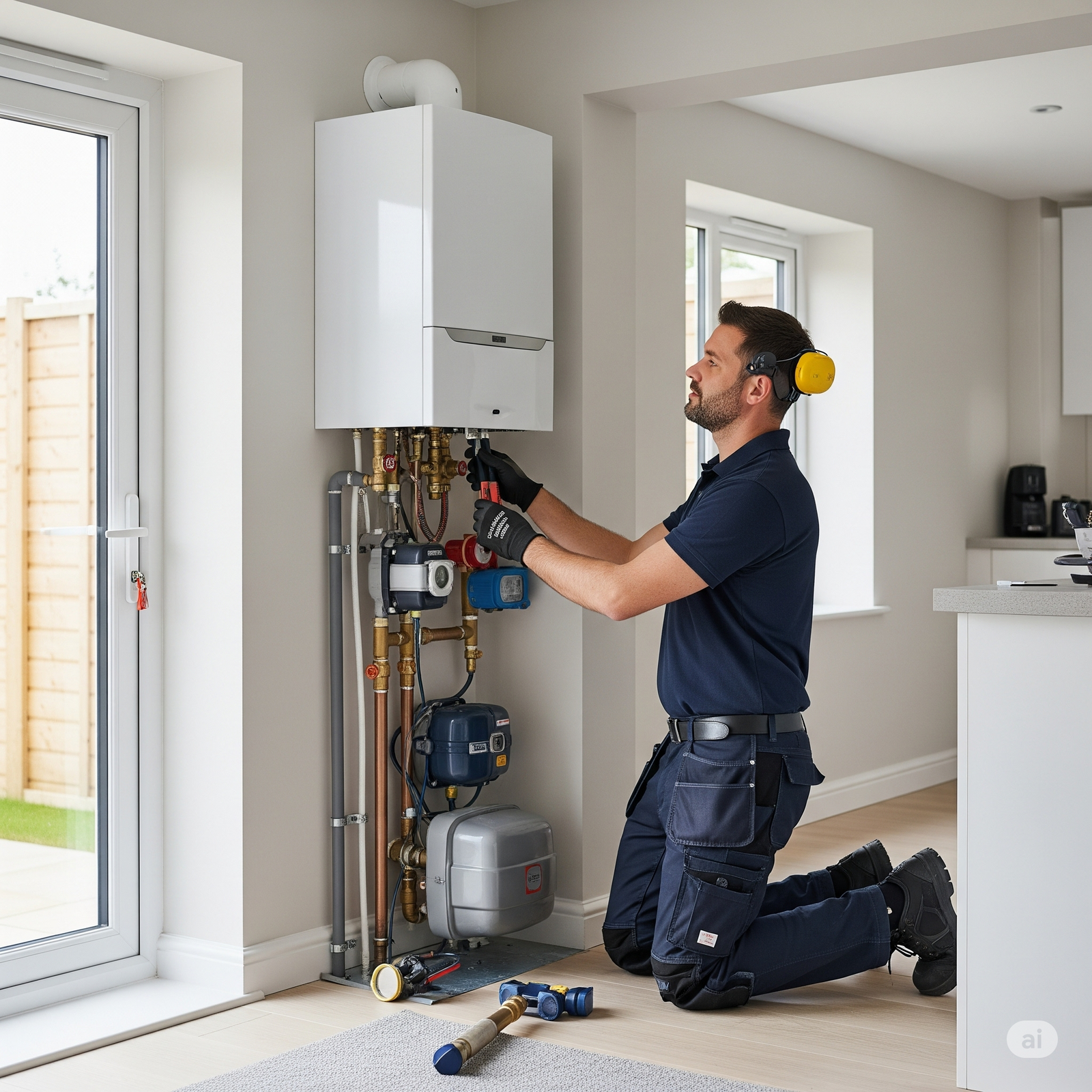 A young male engineer in a company branded uniform checks connections and pipes of a newly installed sleek, modern boiler in a brightly lit Newmarket home.