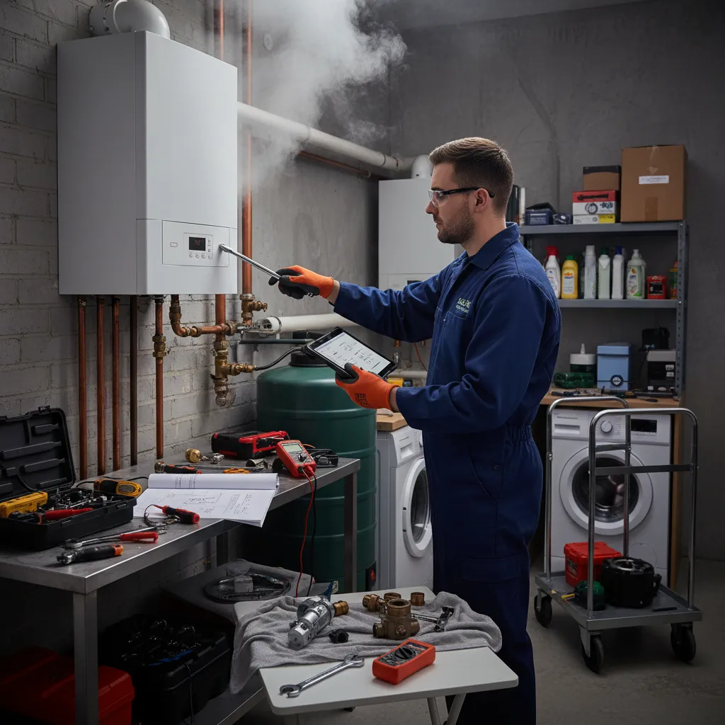 Happy customer with boiler repair engineer